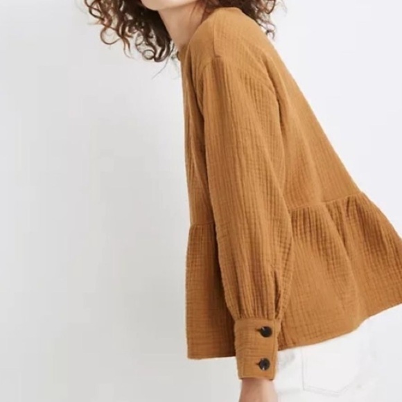 Madewell Lightspun Button-Back Peplum Top Mustard Yellow Tan Large - Picture 2 of 10